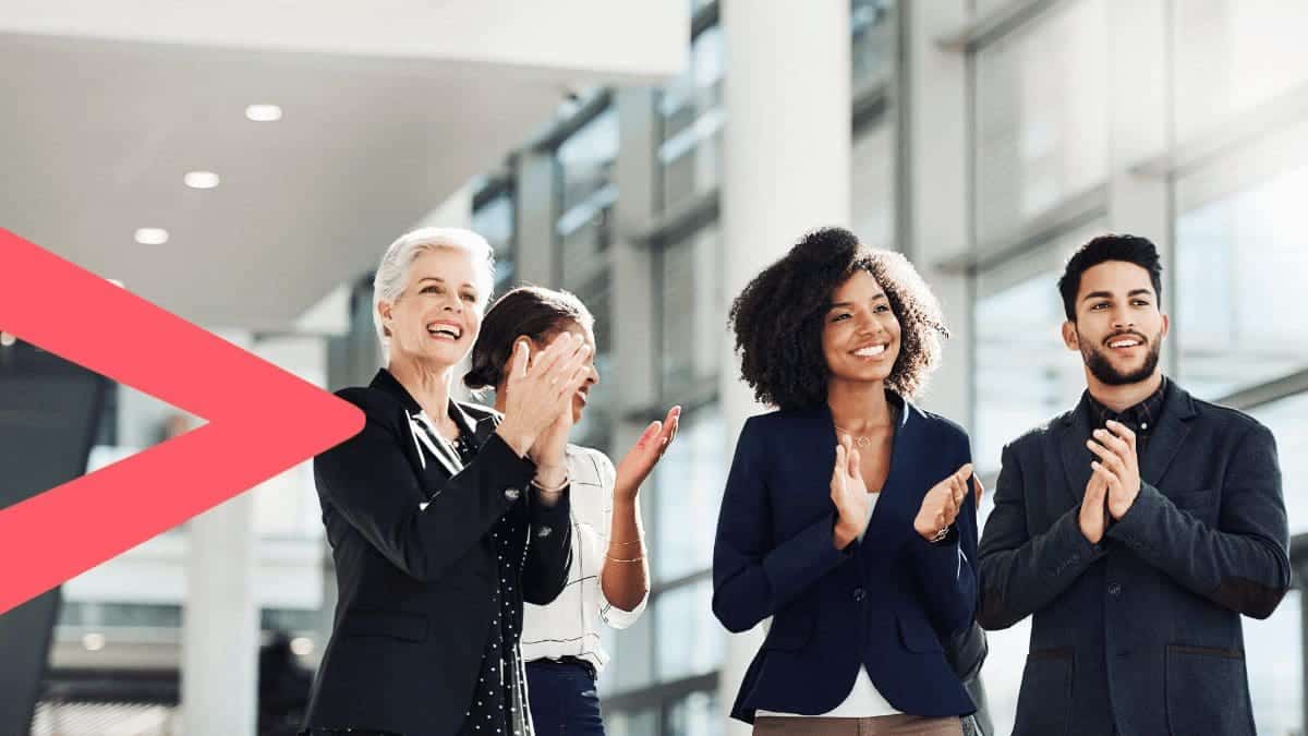 Group of company employees clapping at business membership marketing.