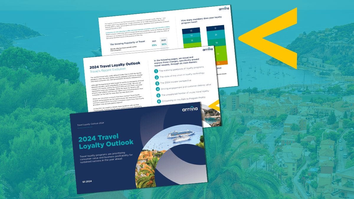 Front cover and sample pages of arrivia's 2024 Travel Loyalty Outlook Report about how loyalty brands with travel rewards can succeed in the current climate