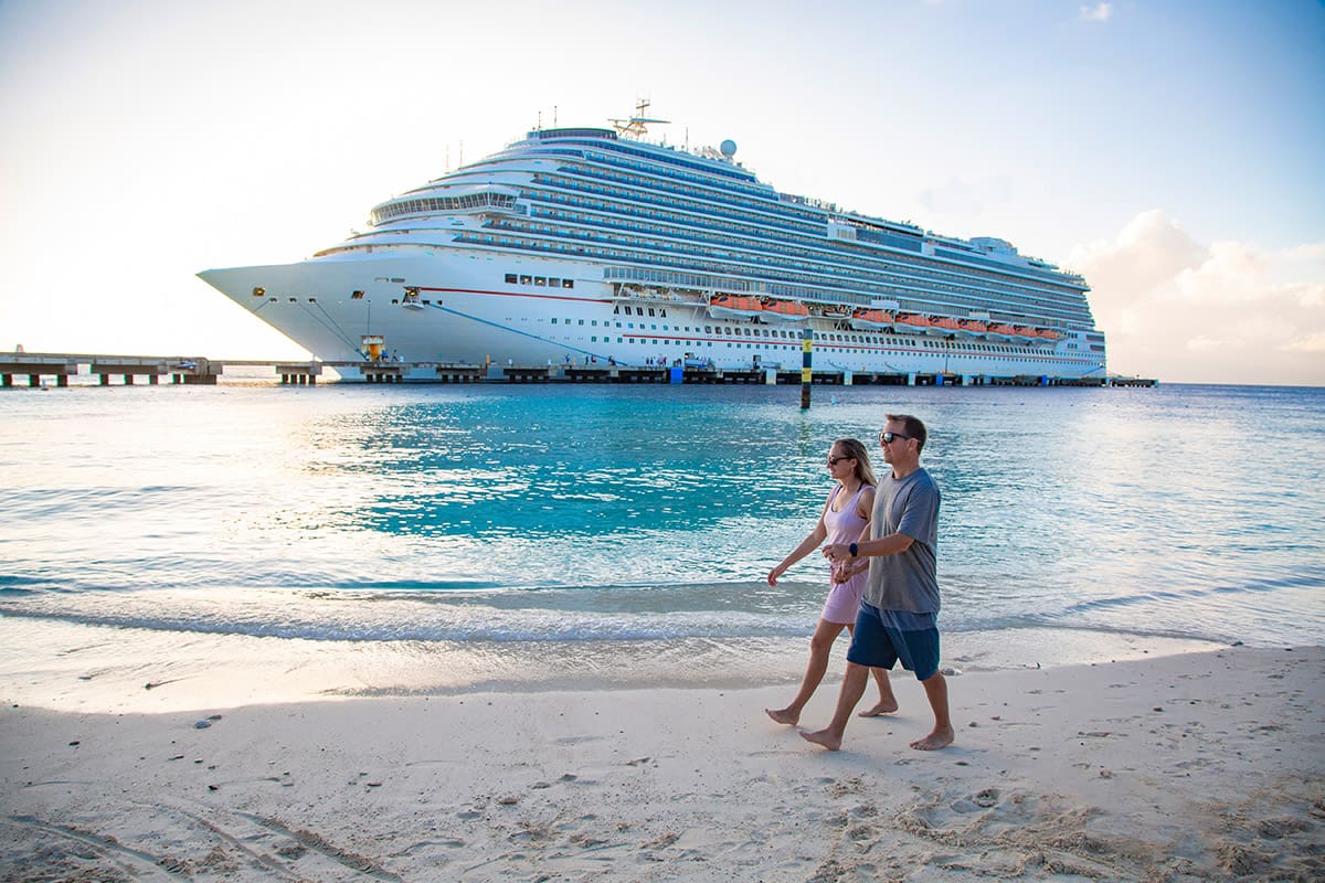 Beautiful shoreline where Cruise Ship passengers explore their water paradise vacation.