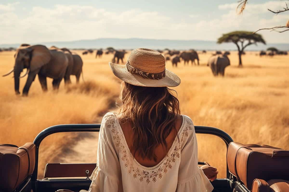 Woman on an experiential safari travel rewards-driven trip.