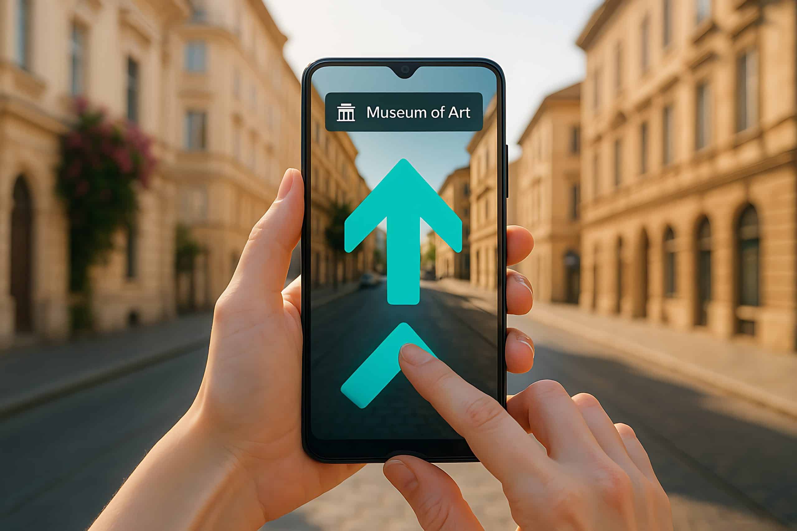 Traveler using augmented reality on smartphone