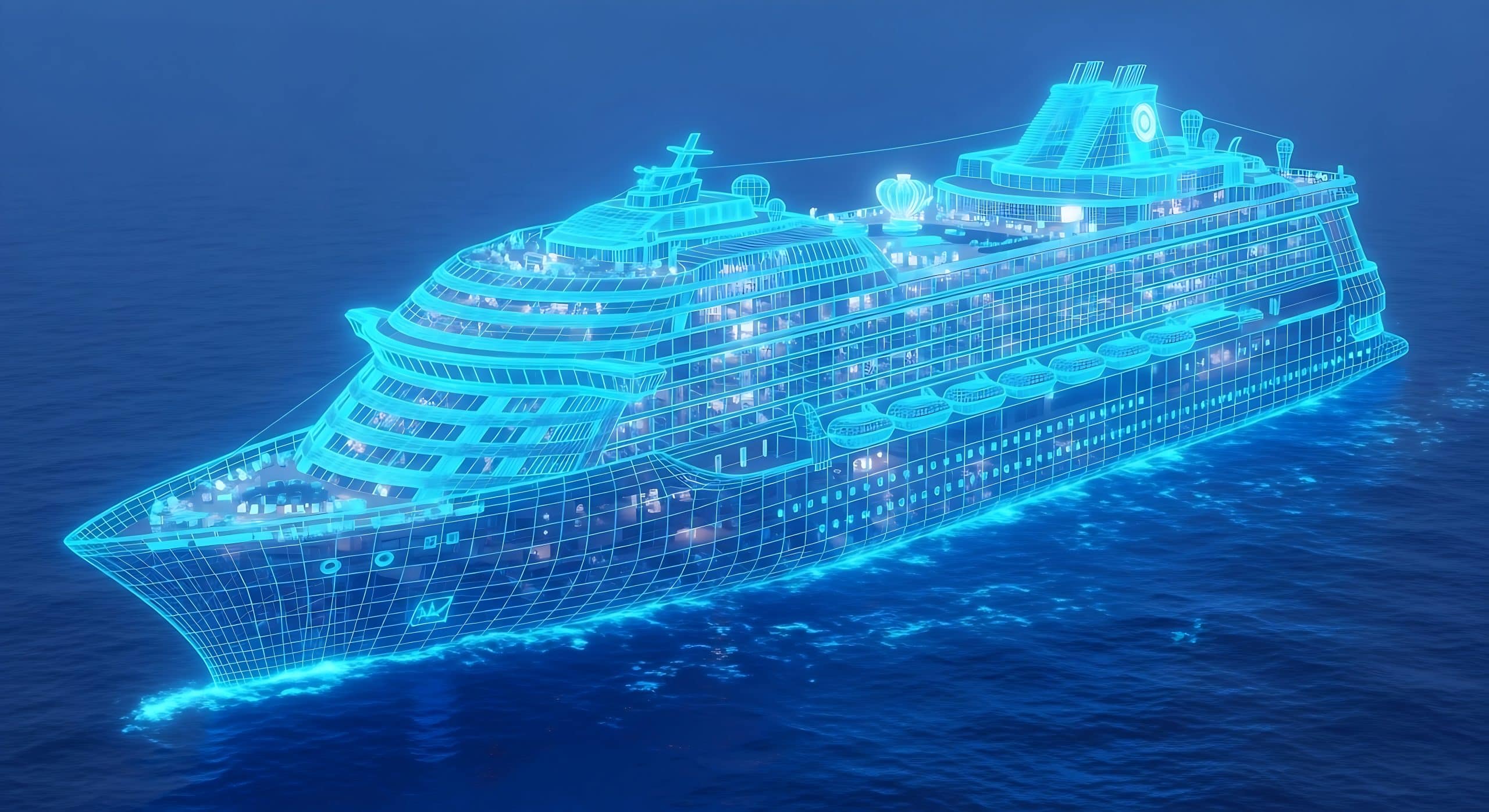 Wireframe digital cruise ship symbolizing blockchain-powered cruise loyalty and smart rewards systems.