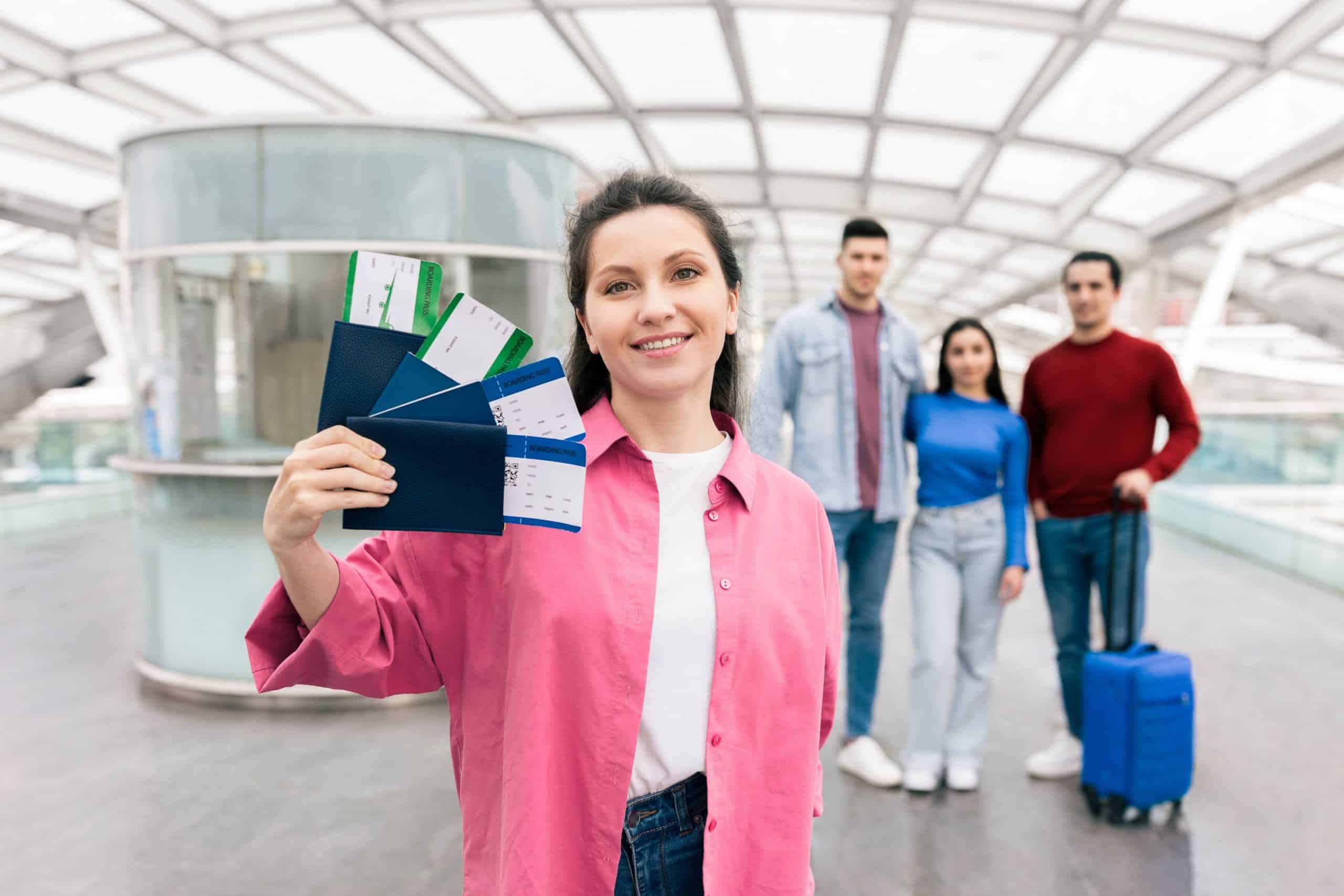 Smiling traveler holding passports and boarding passes at an airport terminal, with other travelers in the background