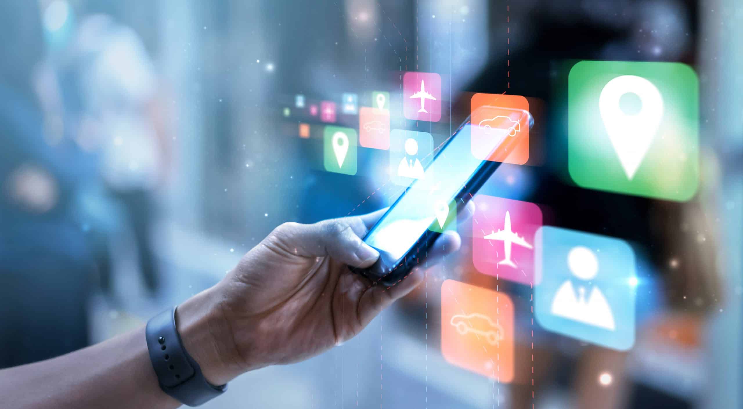 Mobile booking engine interface showing travel app icons